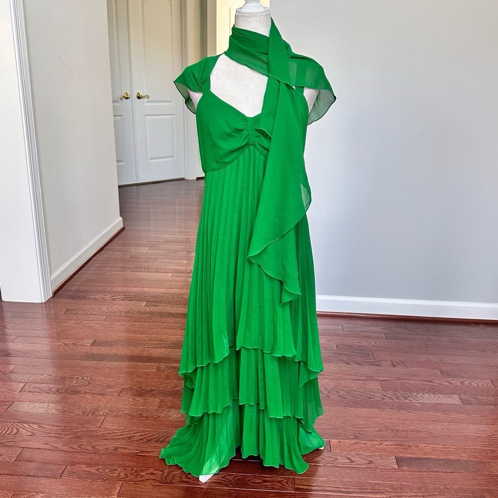 Anthony Studio Green Layered Pleated Asymmetrical Feminine Ethereal Scarf Dress